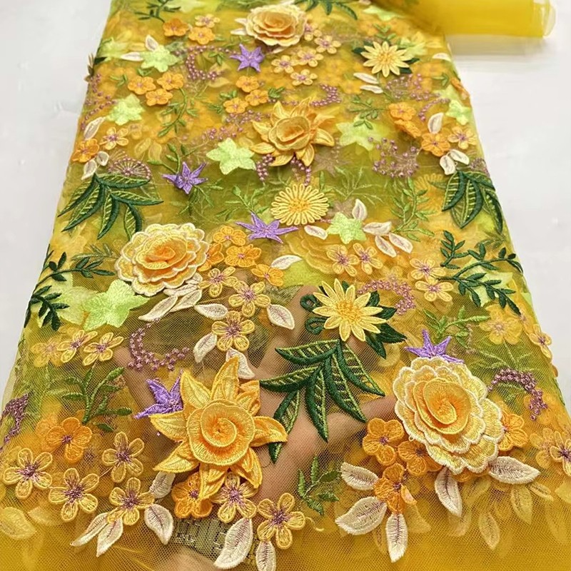Sewing Textiles - قماش دانتيل شبكي مطرز بالزهور ثلاثي